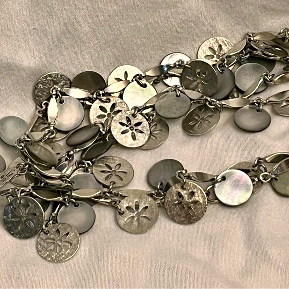 Elegant Silver Toned Sand Dollar and Abalone Like Shining Coin 52” Necklace Gift - Picture 11 of 14